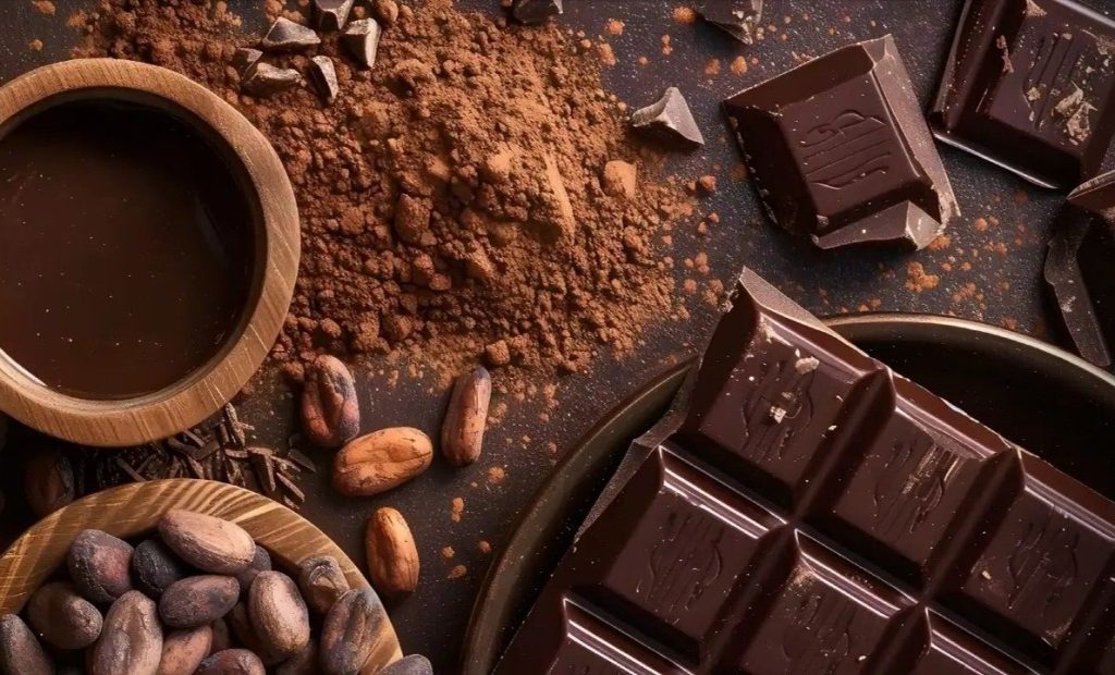 Thanh sô cô la đen, hạt cacao và bột cacao bày trên bàn, đại diện cho sản phẩm sô cô la nguyên chất tại Việt Nam.