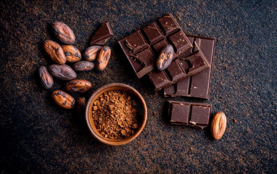 Hạt cacao rang và thanh sô cô la nguyên chất đặt trên nền tối, thể hiện quy trình sản xuất “Bean to Bar”.