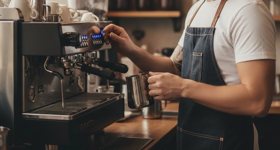 Barista điều chỉnh máy pha cà phê