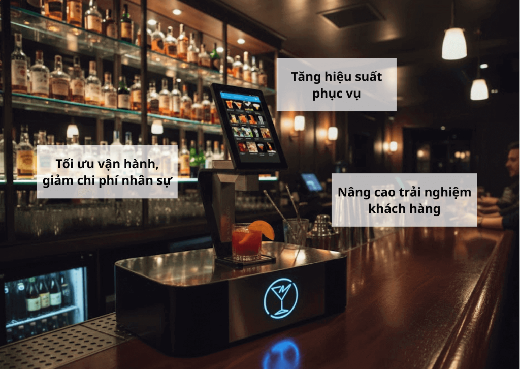 Máy pha cocktail tự động với giao diện cảm ứng, minh họa tính năng tăng hiệu suất phục vụ và giảm chi phí nhân sự.
