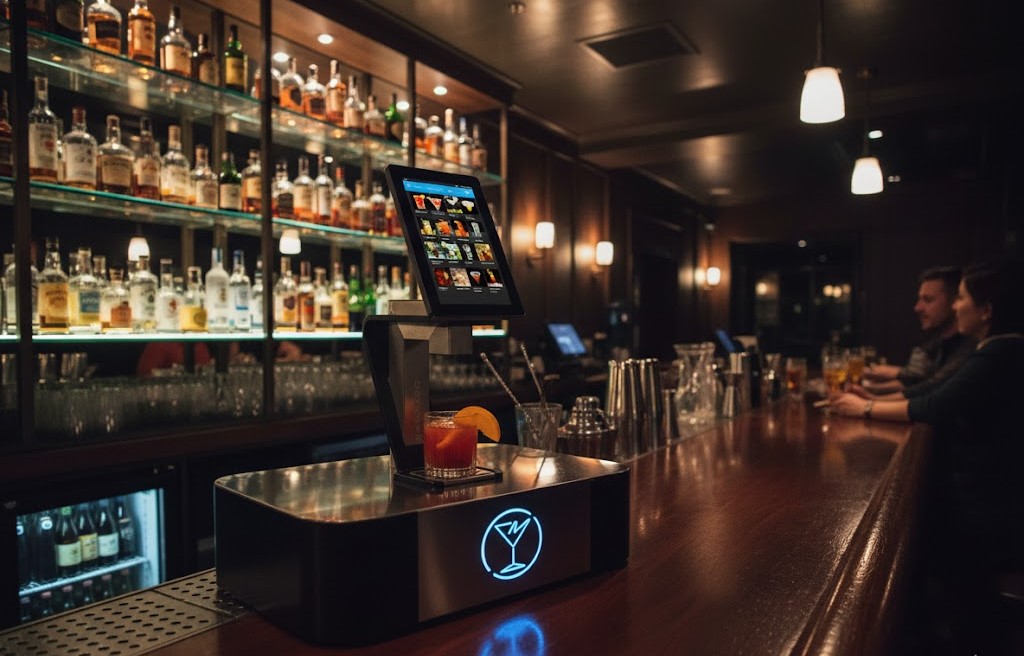 Máy pha cocktail tự động đặt trên quầy bar sang trọng, hiển thị màn hình cảm ứng với nhiều lựa chọn đồ uống.