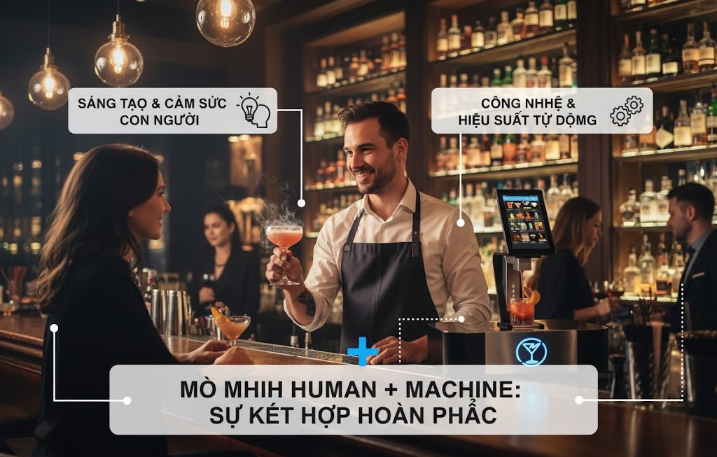 Bartender phục vụ khách cùng máy pha cocktail tự động, thể hiện sự kết hợp giữa sáng tạo con người và hiệu suất máy móc.