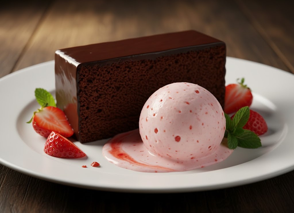 Bánh chocolate đậm vị dùng kèm gelato dâu tây – trải nghiệm hương vị tương phản hấp dẫn.