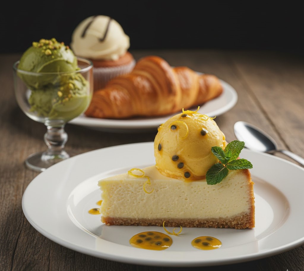 Cheesecake béo mịn kết hợp cùng gelato chanh dây, tạo nên món tráng miệng tươi mới đậm chất Ý.