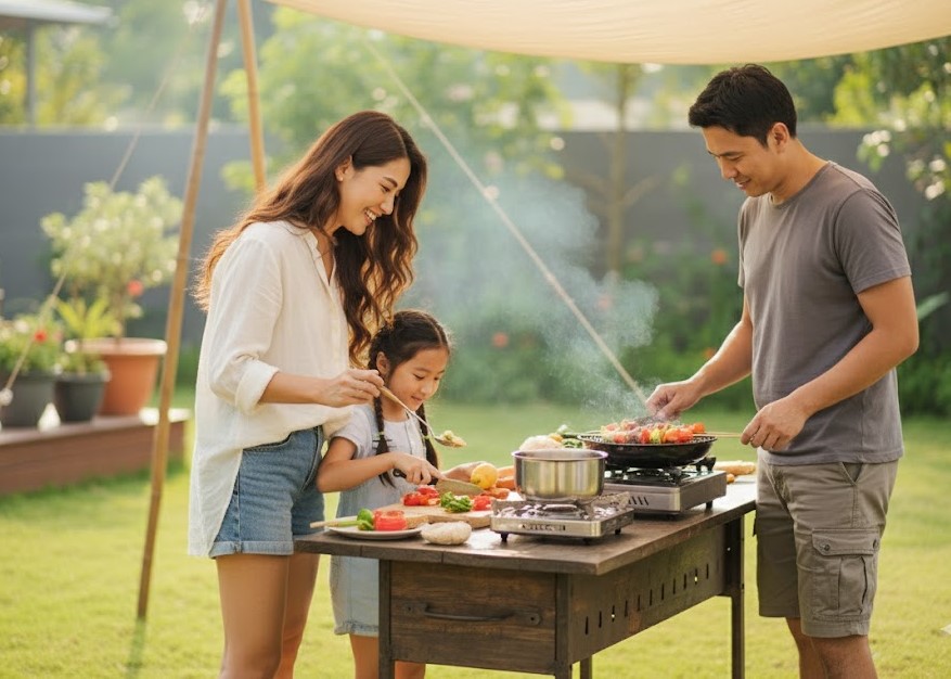 Gia đình cùng nhau nấu ăn ngoài trời, tận hưởng trải nghiệm F&B trong không gian mở.