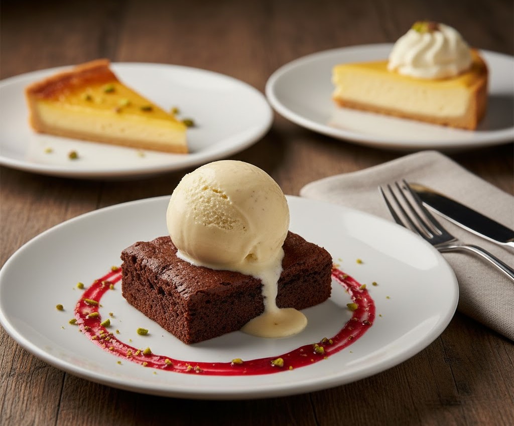 Brownie nướng ấm kết hợp cùng gelato vani, điểm nhấn hoàn hảo cho món tráng miệng cao cấp.