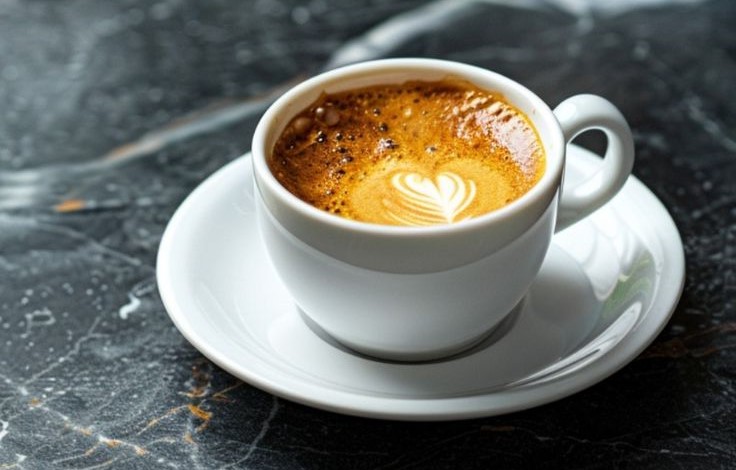 A cup of Espresso coffee with creamy crema and latte art, capturing the full, rich flavor of the coffee bean.