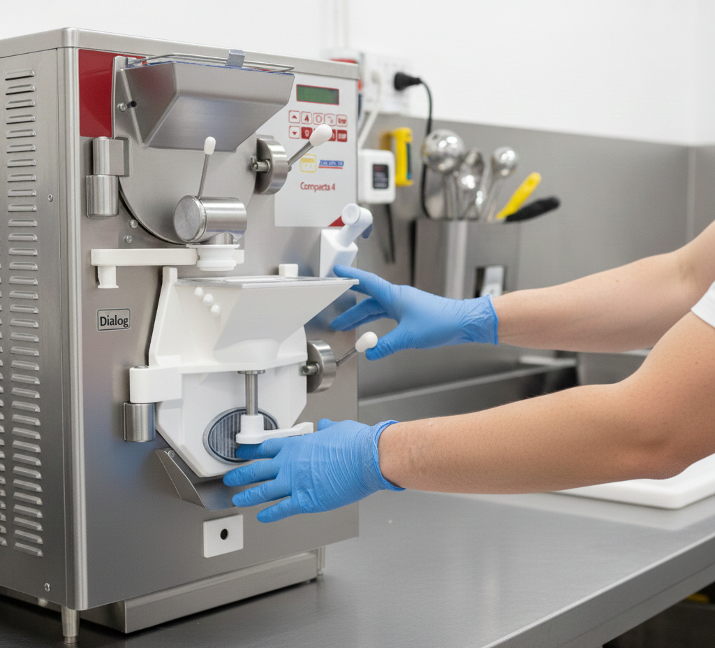 Staff operating the Compacta 4 gelato machine in a professional kitchen.