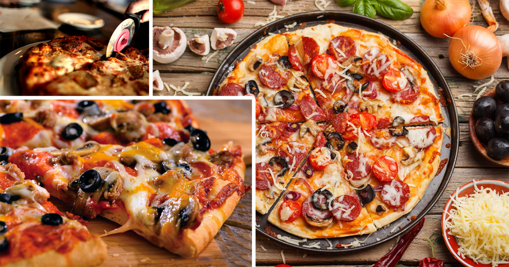 Các mẫu pizza chuẩn Ý với topping truyền thống như cà chua, phô mai mozzarella và olive, minh họa sự đa dạng menu pizza tại quán theo phong cách Ý.